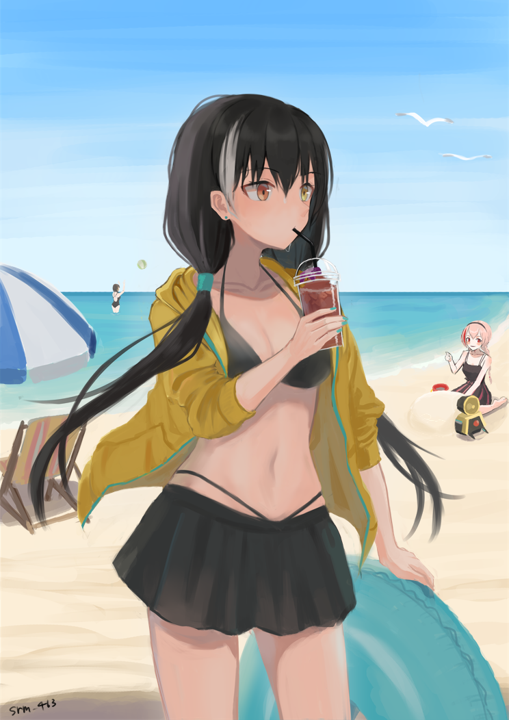 3girls artist_name ball beach beach_chair beach_umbrella beachball bikini_skirt black_hair breasts character_request girls_frontline long_hair medium_breasts multicolored_hair multiple_girls multiple_views navel ocean ro635_(girls_frontline) sand srm463 streaked_hair swimsuit swimsuit_under_clothes umbrella wading