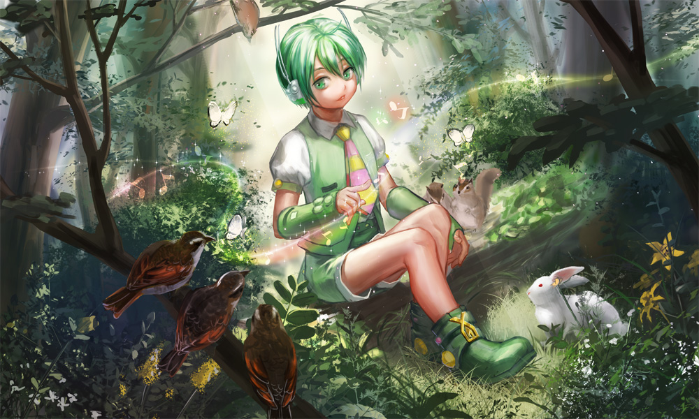 1boy bird bug butterfly commentary forest glowing green_eyes green_footwear green_hair green_shorts green_vest headphones index_finger_raised insect log male_focus musical_note nature necktie outdoors rabbit ryuuto_(vocaloid) shoes short_sleeves shorts sitting_on_log sparrow striped striped_neckwear vest vocaloid yamakawa_umi