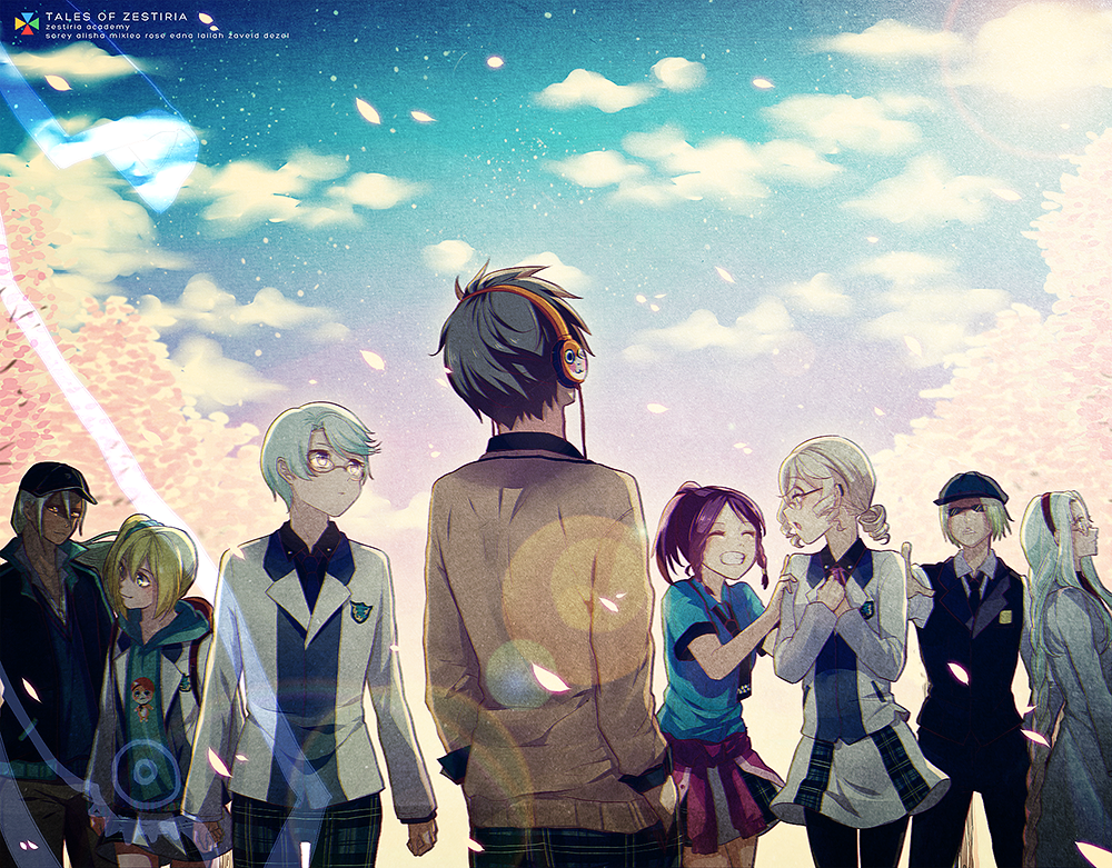 4boys 4girls alisha_diphda bangs baseball_cap black_headwear black_jacket black_legwear black_neckwear black_pants black_shirt blonde_hair blue_sky brown_hair brown_pants brown_sweater character_name cherry_blossoms closed_eyes clothes_around_waist clouds collarbone collared_shirt copyright_name day dezel_(tales) edna_(tales) glasses green_scrunchie green_sweater grin hair_ornament hair_scrunchie hands_in_pocket hat headphones high_ponytail hood hood_down hooded_sweater jacket labcoat lailah_(tales) lens_flare long_hair long_sleeves looking_up mikleo_(tales) miniskirt monicanc multiple_boys multiple_girls neck_ribbon necktie normin_(tales) outdoors outstretched_arm outstretched_hand pants pantyhose parted_bangs pink_ribbon plaid plaid_pants profile red_sweater redhead ribbon rose_(tales) school_uniform scrunchie shirt short_hair shoulder_grab side_ponytail silver_hair skirt sky smile sorey_(tales) sunglasses sunlight sweater sweater_around_waist swept_bangs tales_of_(series) tales_of_zestiria white_jacket white_shirt white_skirt wing_collar zaveid_(tales)