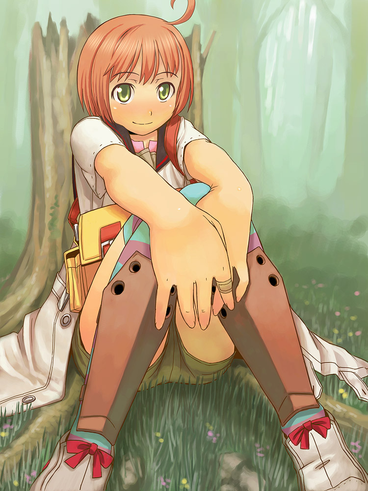 1girl ahoge bandaid bandaid_on_finger bow eyebrows_visible_through_hair grass green_eyes itou_(onsoku_tassha) jacket knees_together_feet_apart knees_up looking_at_viewer medic_(sekaiju) nature open_clothes orange_hair outdoors outstretched_arms red_bow sekaiju_no_meikyuu shoe_bow shoes short_hair sitting smile solo striped striped_legwear thigh-highs tree white_footwear