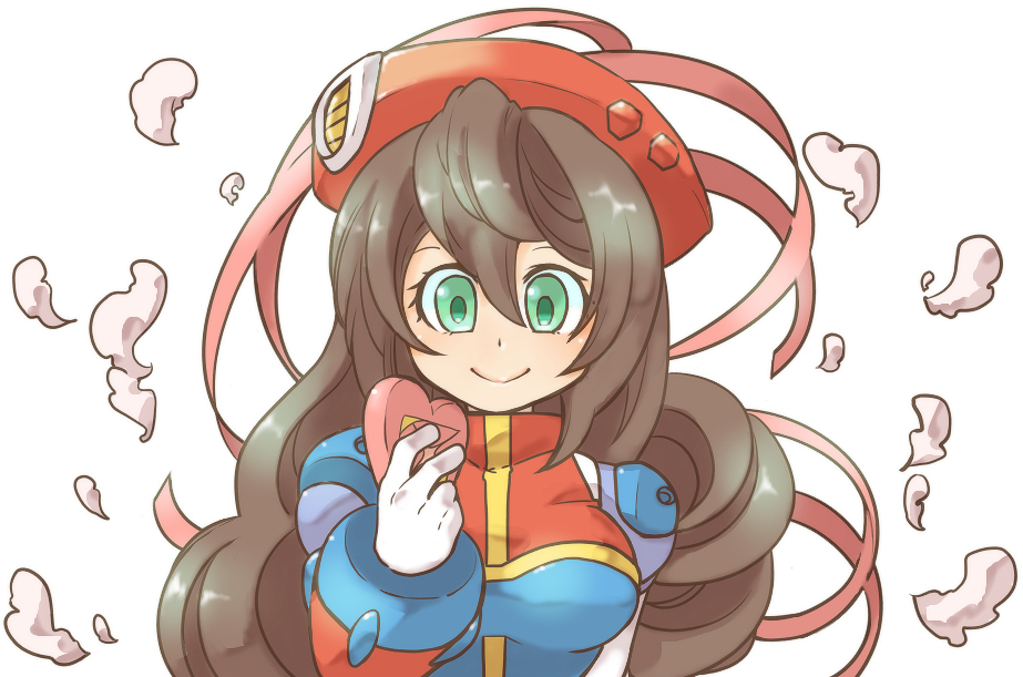 1girl android beret blush box breasts brown_hair facing_viewer gift gift_box green_eyes hair_between_eyes hat heart heart-shaped_box holding holding_gift iris_(rockman_x) long_hair medium_breasts ribbon rockman rockman_x smile solo tobitori valentine