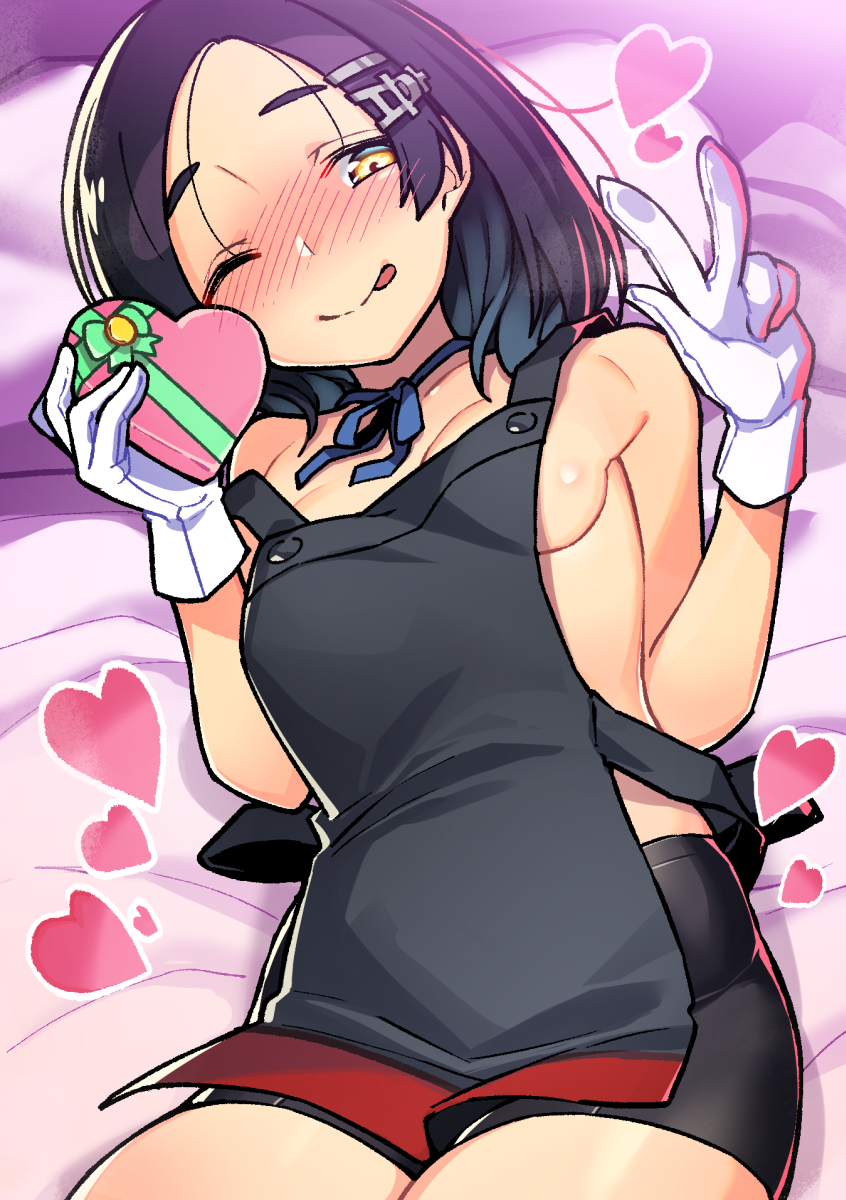 1girl ;) ;p apron bare_arms bare_shoulders bed_sheet bike_shorts black_apron black_hair black_shorts blue_choker blue_ribbon blush box breasts choker commentary_request cowboy_shot forehead gloves hair_ornament hairclip hands_up heart heart-shaped_box highres holding holding_box kantai_collection kuroshio_(kantai_collection) looking_at_viewer lying nose_blush on_back one_eye_closed ribbon ribbon_choker short_hair short_shorts shorts small_breasts smile solo taketora_suzume tongue tongue_out w white_gloves yellow_eyes