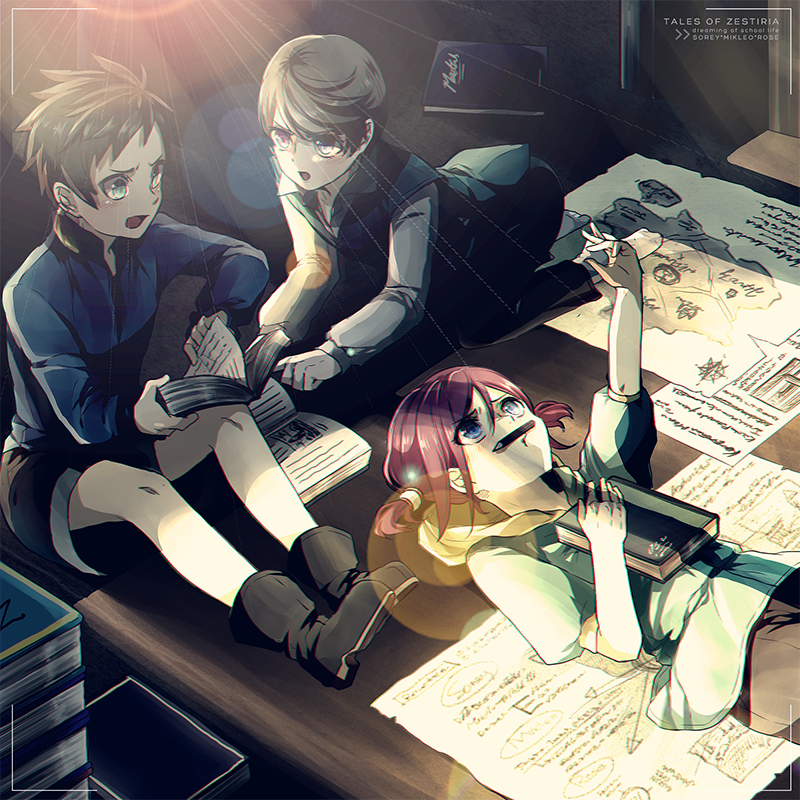 1girl 2boys all_fours arm_up black_pants black_shorts blue_eyes blue_shirt book brown_hair character_name copyright_name dress_shirt grey_shirt hair_between_eyes indoors lens_flare long_sleeves lying mikleo_(tales) monicanc multiple_boys on_back open_book pants redhead rose_(tales) shirt short_hair short_sleeves short_twintails shorts sitting sorey_(tales) sunlight tales_of_(series) tales_of_zestiria twintails younger