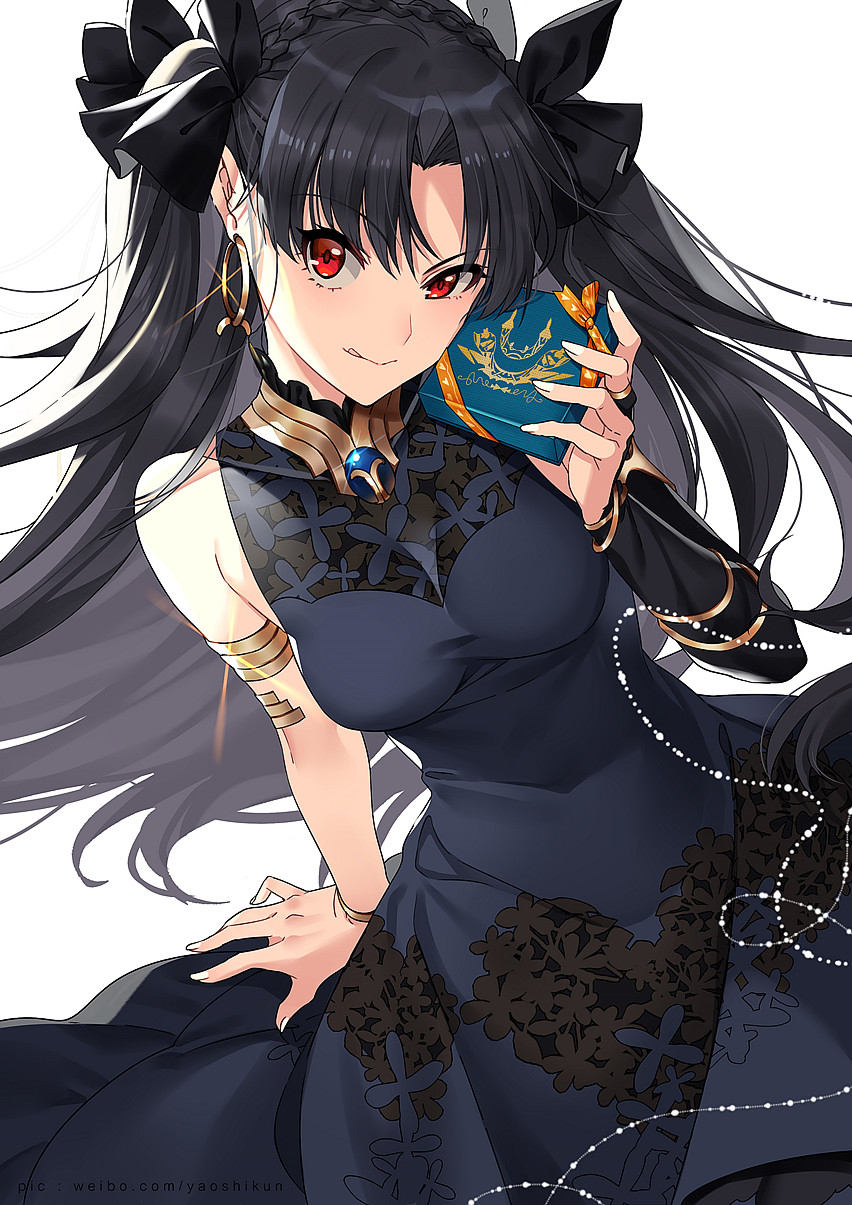 black_dress black_hair bracket chocolate commentary dress earrings fate/grand_order fate_(series) hair_ribbon highres ishtar_(fate)_(all) ishtar_(fate/grand_order) jewelry licking_lips long_hair looking_at_viewer red_eyes ribbon shiny shiny_hair simple_background solo tongue tongue_out twintails valentine white_background yaoshi_jun