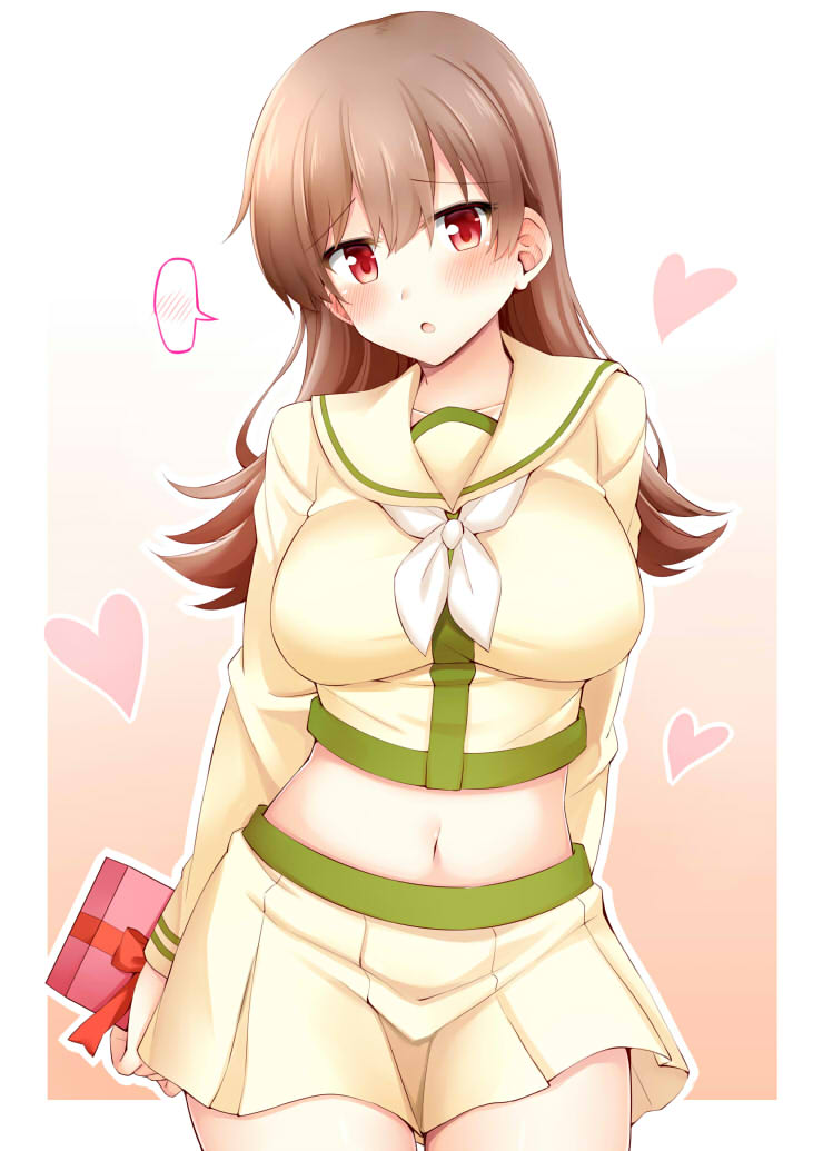 1girl :o arms_behind_back bangs blush breasts brown_hair collarbone cowboy_shot eyebrows_visible_through_hair gift head_tilt heart holding holding_gift kantai_collection large_breasts long_hair long_sleeves looking_at_viewer midriff miniskirt navel neckerchief ooi_(kantai_collection) parted_lips pleated_skirt red_eyes red_ribbon ribbon rui_shi_(rayze_ray) school_uniform serafuku shirt skirt solo speech_bubble spoken_blush valkyrie white_neckwear yellow_shirt yellow_skirt