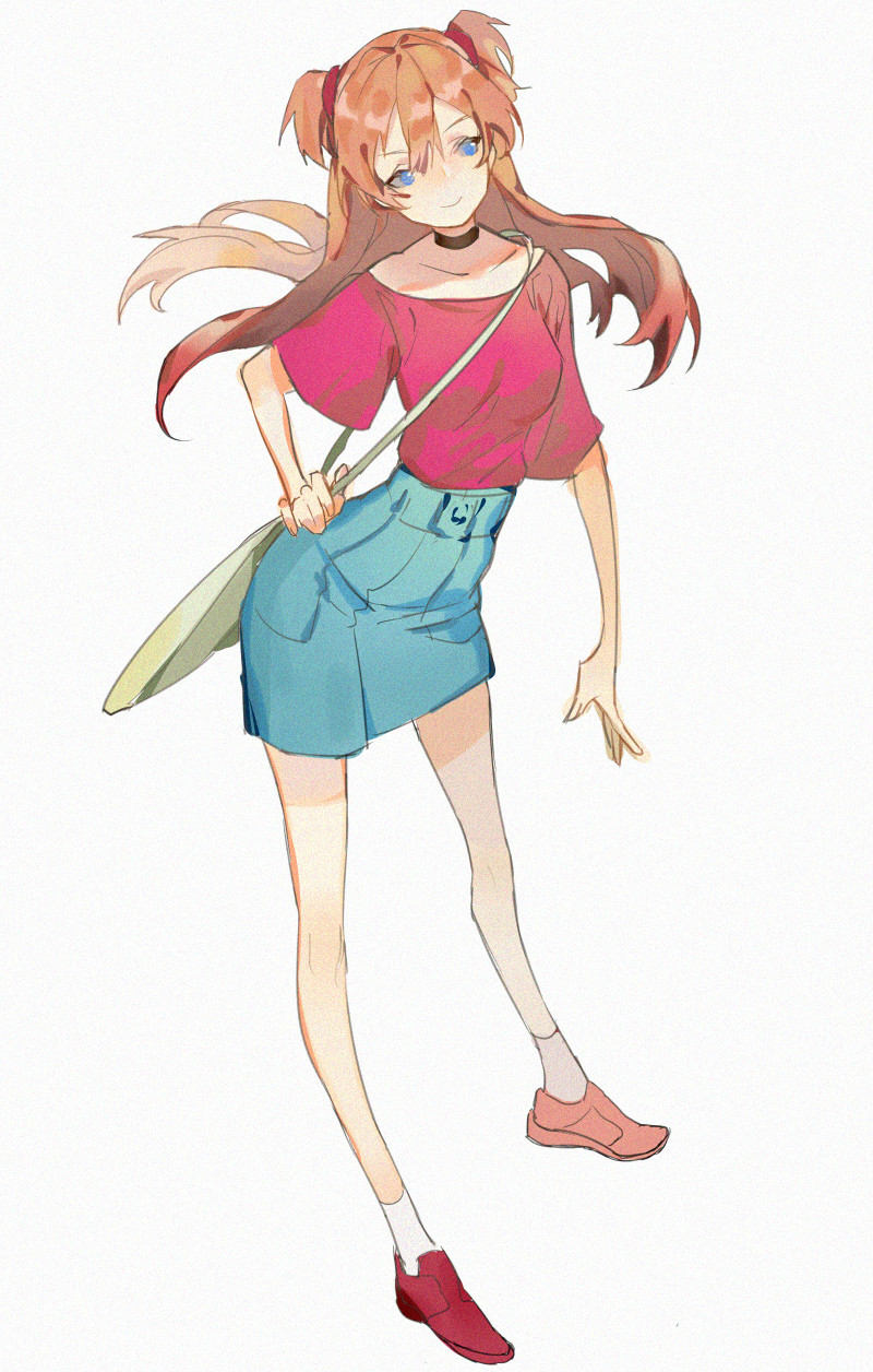 1girl aqua_eyes bag bangs bizii blue_skirt breasts choker floating_hair full_body hair_between_eyes hand_on_hip highres long_hair medium_breasts neon_genesis_evangelion off-shoulder_shirt off_shoulder orange_hair red_footwear red_shirt shirt shirt_tucked_in shoes short_sleeves shoulder_bag simple_background skirt smile socks solo souryuu_asuka_langley standing white_background white_legwear wide_sleeves