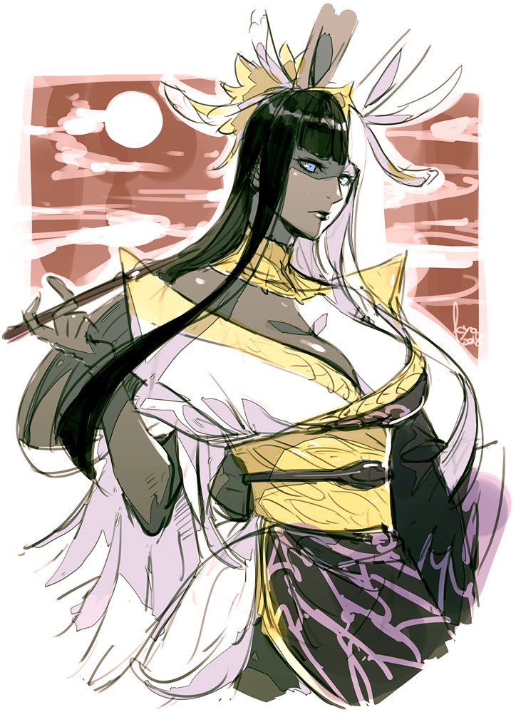 bangs black_hair black_skin blue_eyes blunt_bangs character_request closed_mouth dated final_fantasy final_fantasy_xiv holding japanese_clothes kimono kyo_(kuroichigo) long_hair moon multicolored multicolored_hair pipe shaded_face signature sketch upper_body white_hair white_skin