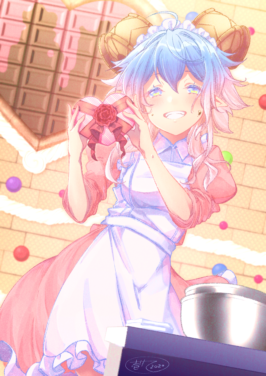 1girl 2020 ahoge apron bangs blue_eyes blue_hair bowl box commentary_request curled_horns dress eyebrows_visible_through_hair flower frilled_apron frilled_dress frills gift gift_box gradient_hair grin hair_between_eyes hands_up heart-shaped_box highres holding holding_gift horns ittokyu juliet_sleeves long_hair long_sleeves looking_at_viewer maid maid_headdress mixing_bowl multicolored_hair original pink_dress pink_hair puffy_sleeves red_flower red_rose rose signature sleeves_pushed_up smile solo valentine white_apron