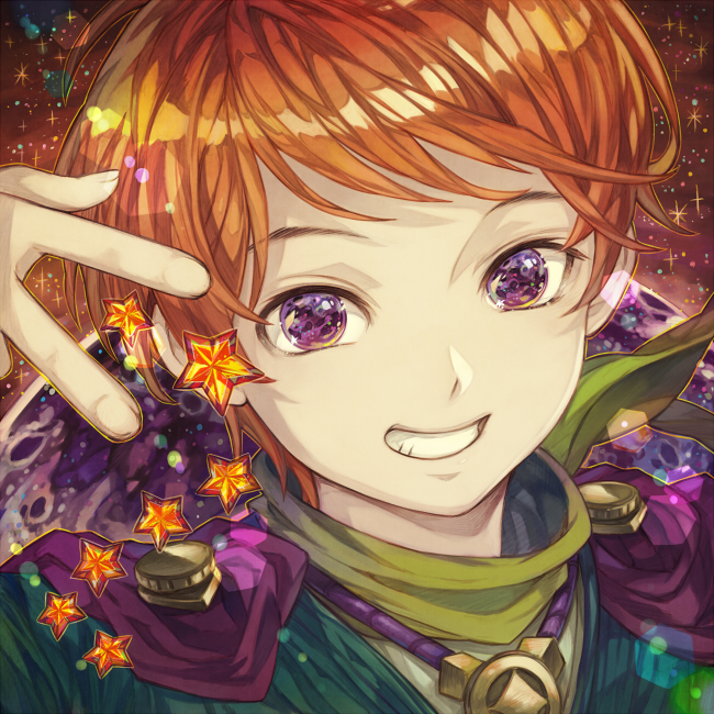 1boy bangs english_commentary grin jari_(jyarijyari999) jewelry looking_at_viewer male_focus necklace orange_hair original planet portrait reflective_eyes smile solo star turtleneck violet_eyes