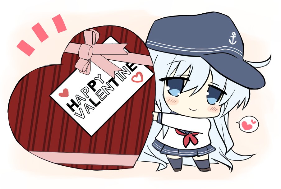 1girl anchor anchor_symbol bangs blue_eyes blue_headwear blush box chibi eyebrows_visible_through_hair flat_cap gift gift_box happy_valentine hat heart hibiki_(kantai_collection) hizuki_yayoi kantai_collection long_hair long_sleeves pleated_skirt red_neckwear sailor_collar school_uniform serafuku silver_hair simple_background skirt solo spoken_heart valentine