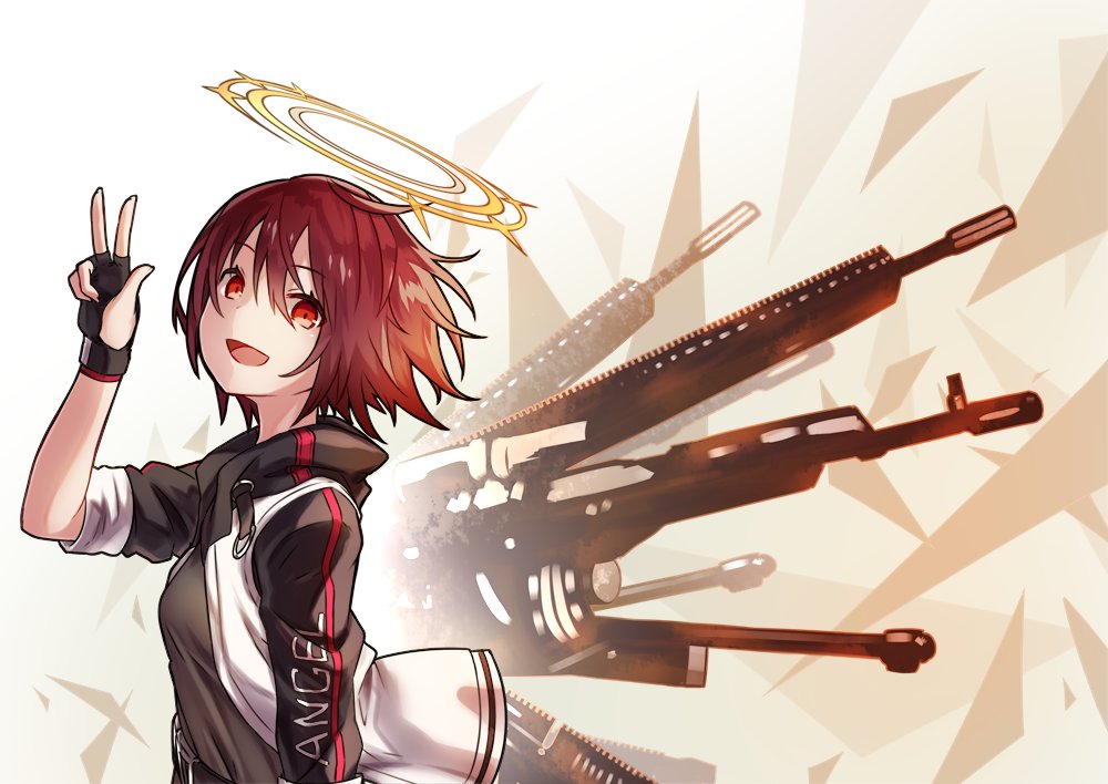 1girl arknights black_gloves energy_wings exusiai_(arknights) eyebrows_visible_through_hair fingerless_gloves gloves glowing glowing_wings gun halo jacket kazana_(sakuto) looking_at_viewer open_mouth red_eyes redhead short_hair smile solo submachine_gun v weapon white_jacket wings