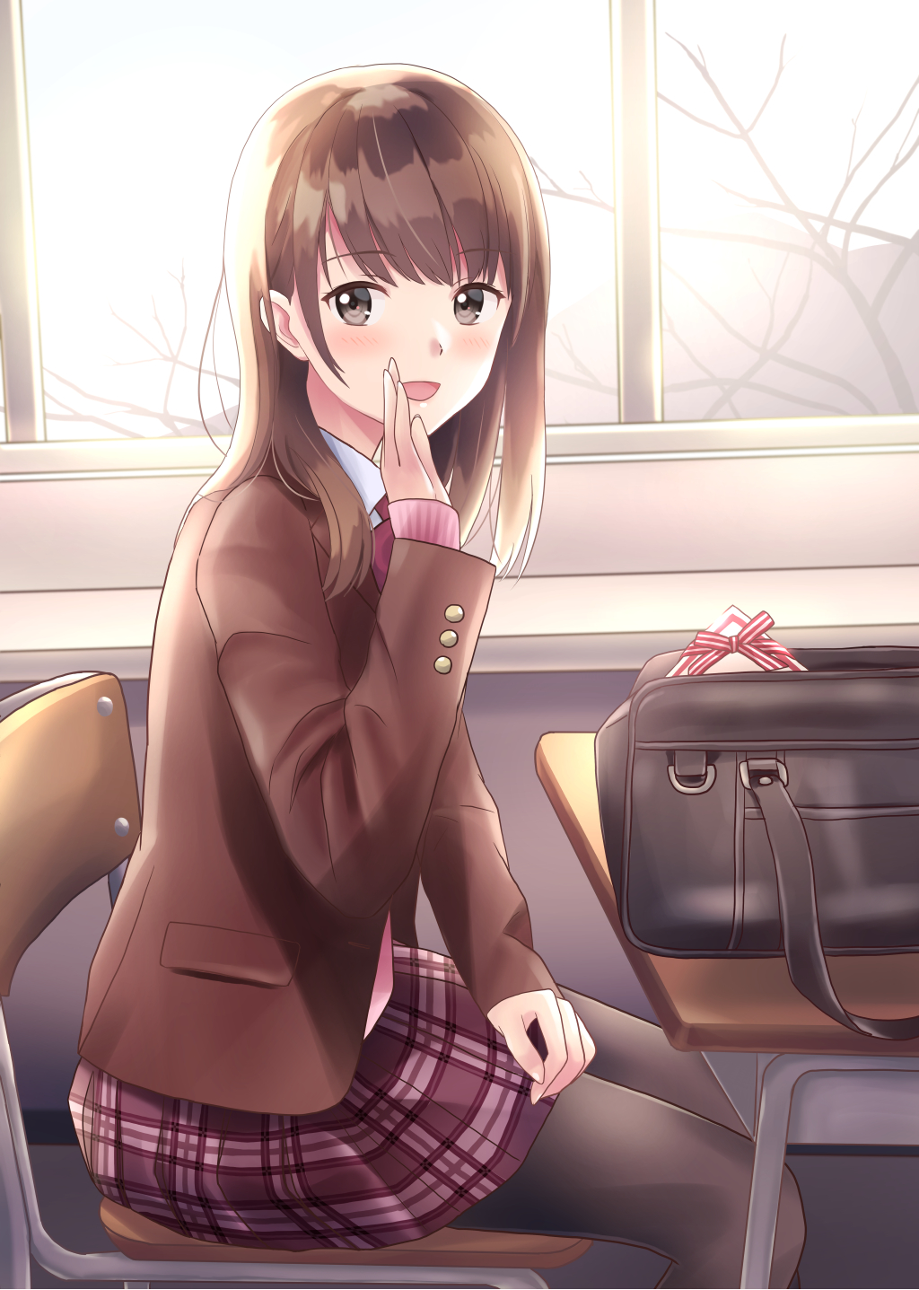 1girl :d bag bangs bare_tree black_legwear blazer blush box brown_eyes brown_hair brown_jacket chair collared_shirt commentary_request desk eyebrows_visible_through_hair gift gift_box hand_up highres indoors jacket long_hair long_sleeves looking_at_viewer looking_to_the_side on_chair open_blazer open_clothes open_jacket open_mouth original pantyhose pink_sweater plaid plaid_skirt purple_skirt school_bag school_chair school_desk school_uniform shirt sitting skirt sleeves_past_wrists smile solo sweater tree valentine white_shirt window yukimaru217