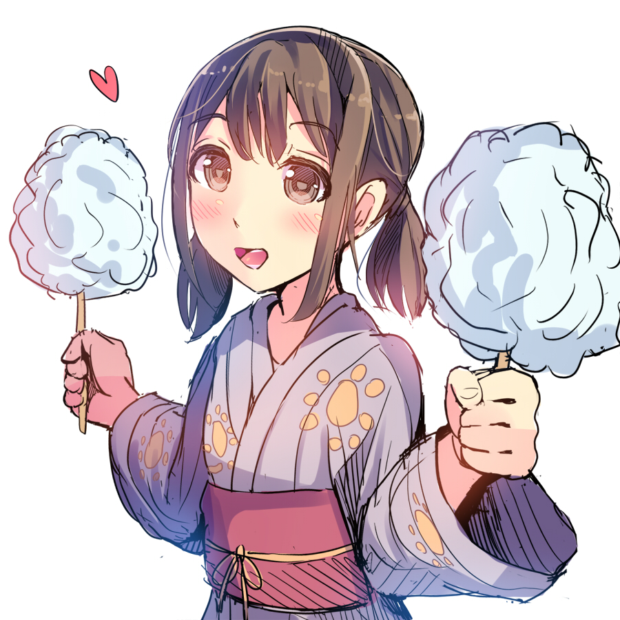 1girl blush brown_eyes brown_hair cotton_candy daito heart japanese_clothes katayama_minami kimono short_twintails sketch smile solo twintails wake_up_girls! white_background yukata