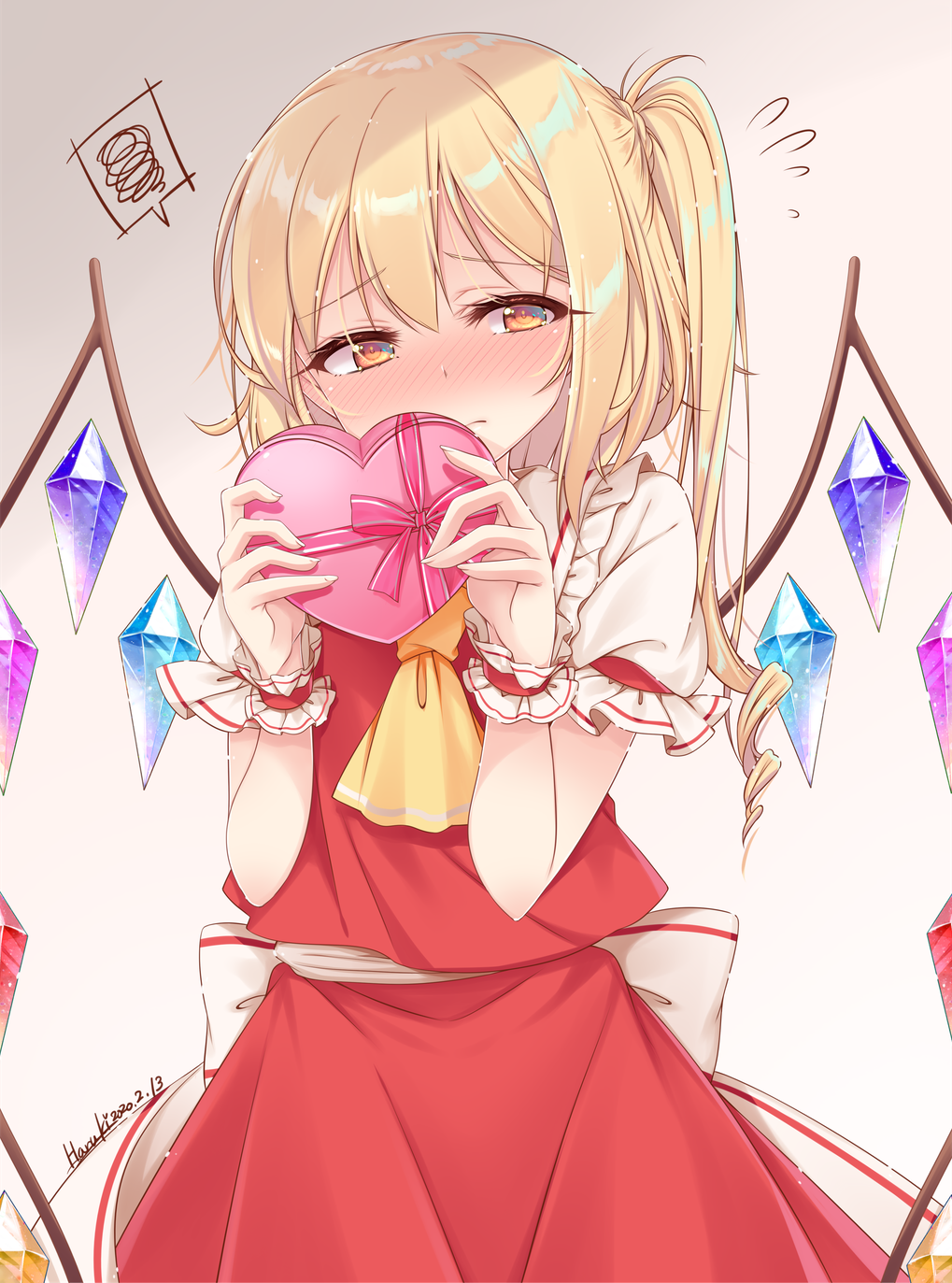 1girl alternate_eye_color artist_name ascot bangs blonde_hair blush box brown_eyes commentary_request cowboy_shot crystal dated eyebrows_visible_through_hair flandre_scarlet flying_sweatdrops frilled_shirt_collar frills gradient gradient_background grey_background hair_between_eyes hands_up haruki_(colorful_macaron) heart-shaped_box highres holding holding_box long_hair looking_at_viewer no_hat no_headwear nose_blush one_side_up puffy_short_sleeves puffy_sleeves red_skirt shirt short_sleeves signature skirt skirt_set solo spoken_squiggle squiggle standing touhou valentine white_shirt wings wrist_cuffs yellow_neckwear
