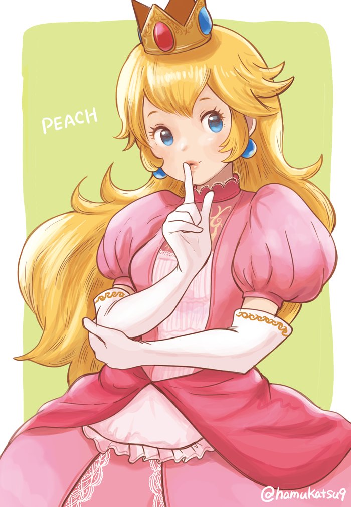1girl blonde_hair blue_eyes breasts commentary crown dress earrings elbow_gloves gloves jewelry long_hair looking_at_viewer ma-hain-scarlet super_mario_bros. pink_dress princess_peach solo super_mario_bros. white_gloves
