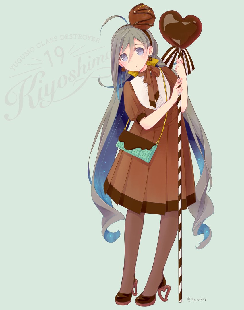 1girl ahoge alternate_costume bag bangs blue_background blue_eyes blue_hair blush brown_dress brown_footwear brown_legwear character_name chocolate colis dress earrings food_themed_hair_ornament full_body grey_hair hair_between_eyes hair_ornament hair_ribbon hairband handbag heart high_heels jewelry kantai_collection kiyoshimo_(kantai_collection) long_hair low_twintails multicolored_hair pantyhose ribbon scepter short_sleeves simple_background solo standing twintails two-tone_hair