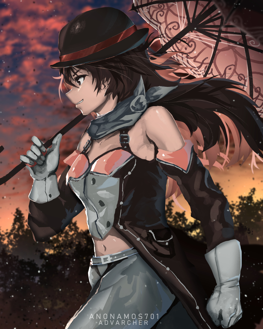 1girl anonamos bare_shoulders bowler_hat brown_eyes brown_hair clenched_hand clouds detached_sleeves from_side gloves hair_between_eyes hat hat_removed headwear_removed highres midriff multicolored_hair navel neo_politan pants parasol pink_hair rwby smirk solo sunset tree umbrella white_gloves