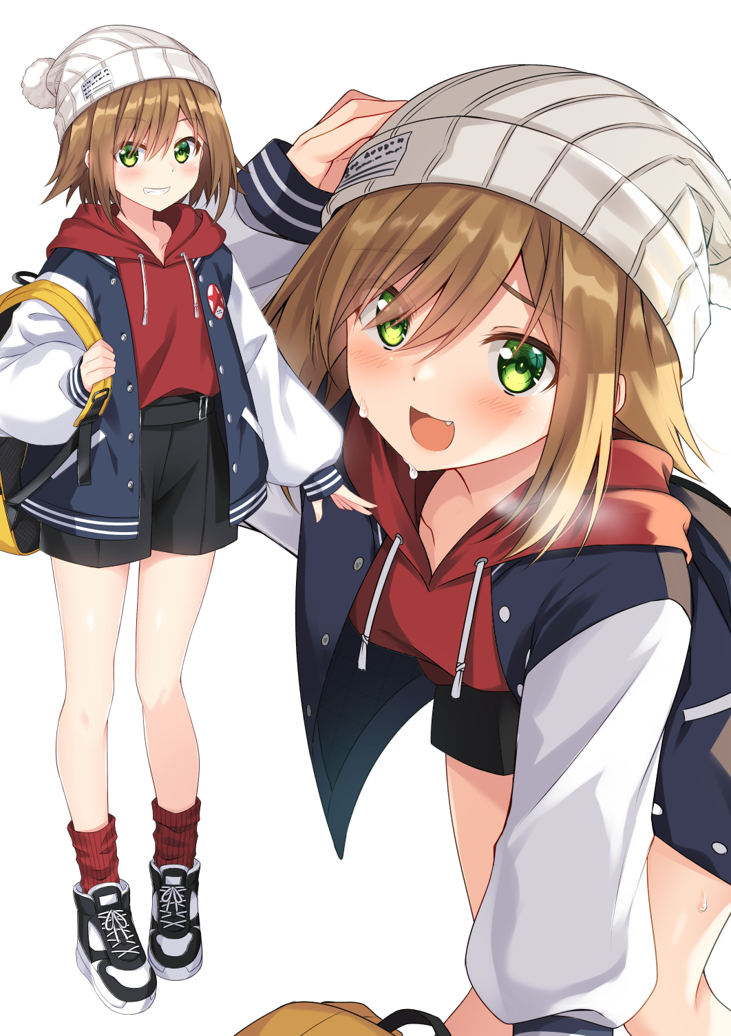 1girl :d arm_up backpack bag bangs beanie black_footwear black_jacket black_shorts blush brown_hair commentary drawstring eyebrows_visible_through_hair eyes_visible_through_hair fang green_eyes grin hair_between_eyes hair_over_one_eye hand_on_headwear haru_(kuzuyu) hat heavy_breathing highres hood hood_down hoodie jacket komori_kuzuyu letterman_jacket long_sleeves multiple_views open_clothes open_jacket open_mouth original puffy_long_sleeves puffy_sleeves red_hoodie red_legwear ribbed_legwear shoes short_shorts shorts simple_background sleeves_past_wrists smile socks standing sweat white_background white_headwear