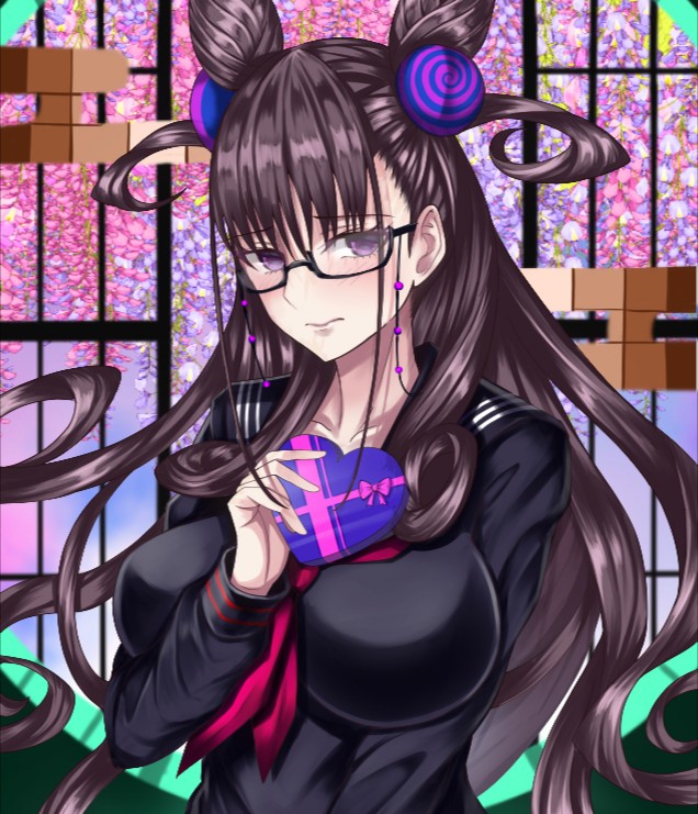 1girl bangs black-framed_eyewear black_sailor_collar black_serafuku black_shirt blush box breasts brown_hair closed_mouth collarbone double_bun egasumi fate/grand_order fate_(series) gift gift_box glasses hair_ornament heart-shaped_box large_breasts long_hair long_sleeves looking_at_viewer mishiro0229 murasaki_shikibu_(fate) neckerchief red_neckwear sailor_collar school_uniform serafuku shirt solo two_side_up valentine very_long_hair violet_eyes