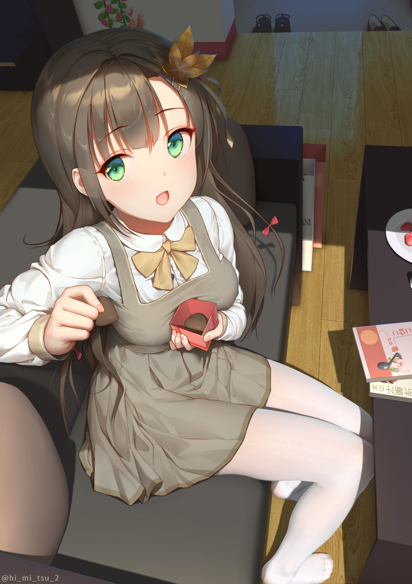 1girl bangs blush box breasts brown_dress candy chocolate chocolate_heart commentary_request couch dress eyebrows_visible_through_hair flower food from_above green_eyes hair_flower hair_ornament heart highres holding holding_box indoors long_hair long_sleeves medium_breasts on_couch open_mouth original pantyhose ribbon shirt sitting smile solo table tokinohimitsu valentine white_legwear white_shirt yellow_ribbon