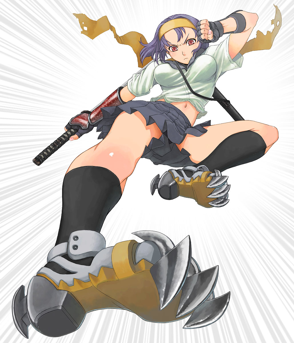 1girl black_legwear blue_eyes claws clenched_hand closed_mouth copyright_request covered_nipples emphasis_lines foreshortening full_body gloves grey_shirt grey_skirt headband highres holding holding_sword holding_weapon itou_(onsoku_tassha) kicking midriff navel perspective pleated_skirt red_eyes shirt short_hair short_sleeves skirt socks solo sword weapon white_background