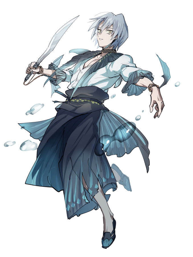 1boy alternate_costume bracelet buttons choker collarbone earrings fish_tail flats floating_clothes floating_hair frilled_sleeves frills full_body grey_hair grin hakama holding holding_sword holding_weapon japanese_clothes jewelry kiryuu_kyousuke leg_up long_sleeves looking_at_viewer midair obi open_mouth sash see-through shirt short_hair simple_background single_earring smile solo standing standing_on_one_leg sword tail teeth torinomaruyaki torn_clothes water_drop weapon white_background white_shirt yellow_eyes yuu-gi-ou yuu-gi-ou_5d's