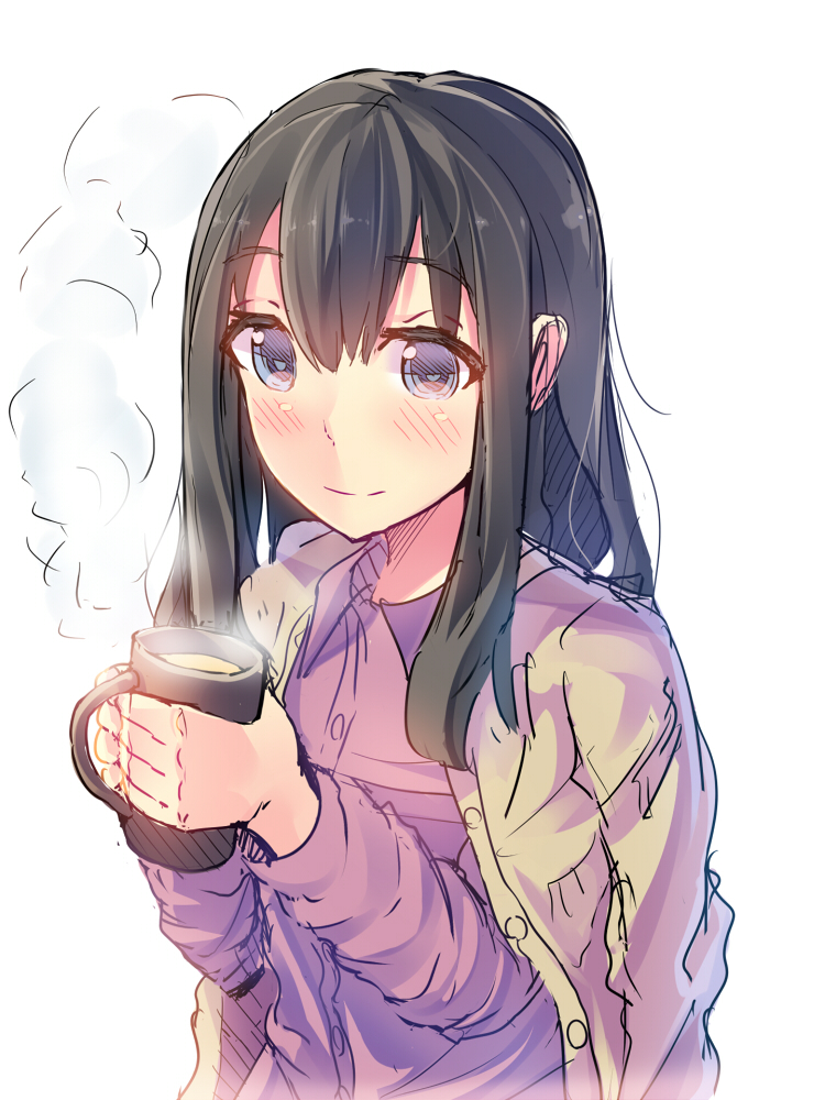 1girl bangs black_hair blue_eyes blush cup daito holding holding_cup hot_drink long_hair mug shimada_mayu sketch solo steam upper_body wake_up_girls! white_background