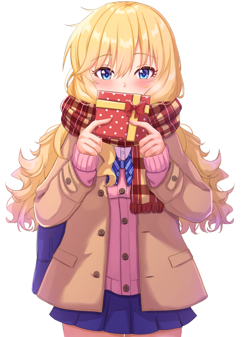 1girl bangs blonde_hair blue_bow blue_eyes blue_skirt blush bow box breasts brown_jacket commentary_request eyebrows_visible_through_hair gift holding holding_gift idolmaster idolmaster_cinderella_girls idolmaster_cinderella_girls_starlight_stage jacket large_breasts long_hair long_sleeves looking_at_viewer namidako ootsuki_yui pink_sweater red_scarf scarf shirt simple_background skirt sleeves_past_wrists solo sweater wavy_hair white_background white_shirt