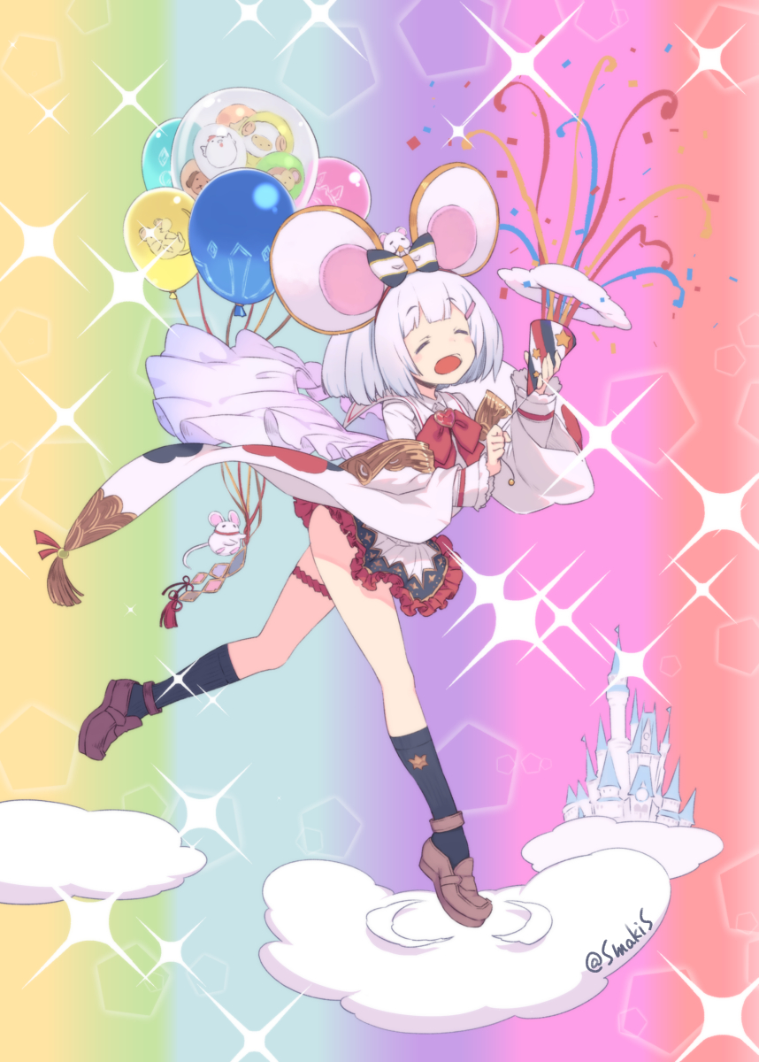 1girl ^_^ animal_ears balloon bow closed_eyes clouds commentary_request confetti detached_sleeves fake_animal_ears granblue_fantasy hair_ornament hairclip highres loafers mouse open_mouth party_popper rat_ears shoes silver_hair smile solo sparkle sumaki_shungo vikala_(granblue_fantasy)