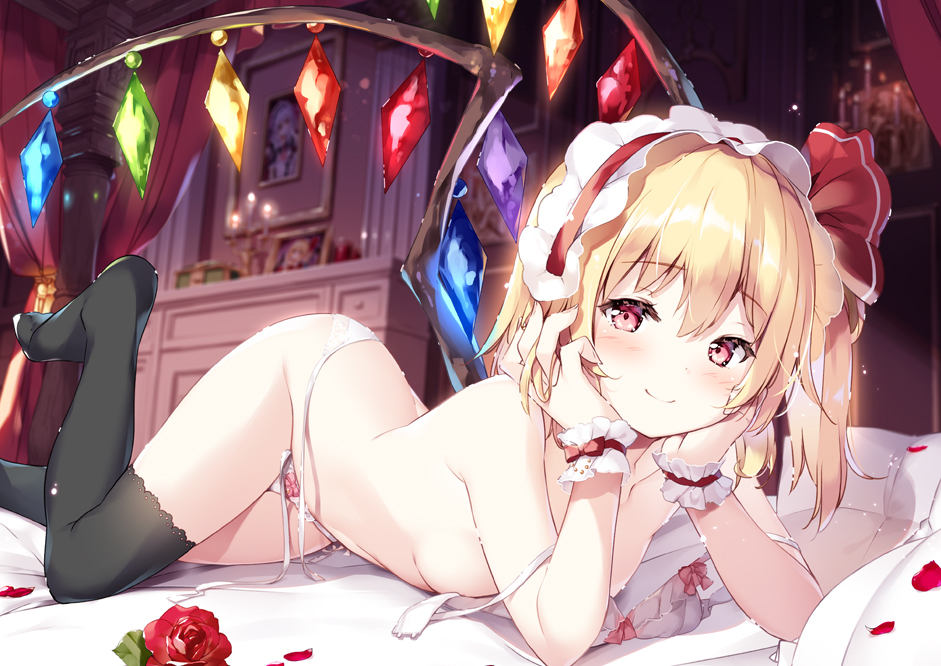 1girl bangs bare_arms bare_shoulders bed black_legwear blonde_hair blush bow bow_panties bra commentary_request crystal curtains eyebrows_visible_through_hair feet_out_of_frame flandre_scarlet flower frills hair_between_eyes hair_ribbon hairband hands_up indoors long_hair looking_at_viewer lying maid_headdress miyase_mahiro no_shoes on_stomach one_side_up panties petals red_eyes red_flower red_hairband red_ribbon red_rose ribbon rose rose_petals shadow side-tie_panties smile solo thigh-highs thighs touhou underwear underwear_only white_bra white_panties wings wrist_cuffs