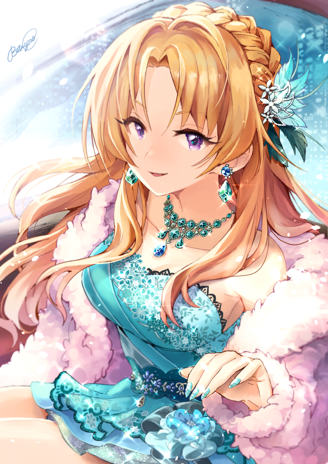 1girl bangs blonde_hair blue_dress blue_nails braid coat collarbone commentary_request crown_braid dress fur_coat hair_ornament highres idolmaster idolmaster_cinderella_girls idolmaster_cinderella_girls_starlight_stage jewelry kakitsubata_zero kiryuu_tsukasa_(idolmaster) long_hair looking_at_viewer nail_polish necklace open_clothes open_coat parted_bangs sapphire_(gemstone) short_dress signature sleeveless sleeveless_dress smile solo strapless strapless_dress violet_eyes