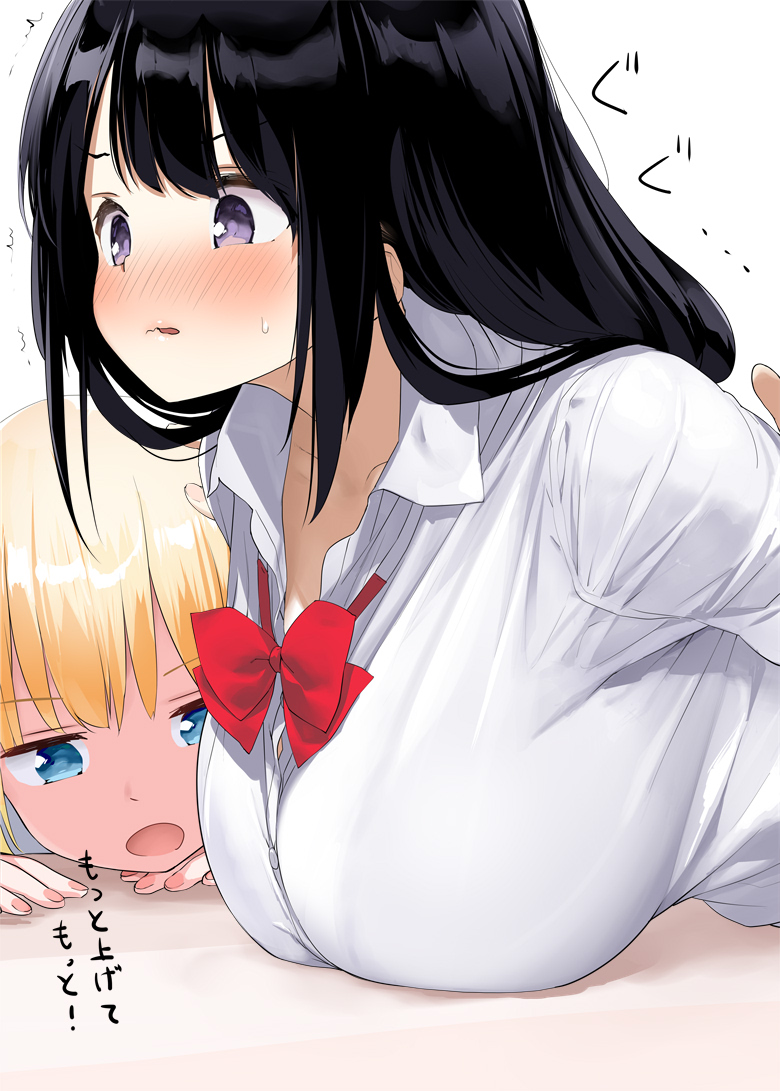 2girls black_hair blonde_hair blue_eyes blush bow bowtie breasts commentary_request dress_shirt kaisen_chuui large_breasts long_hair long_sleeves multiple_girls open_mouth original red_bow red_neckwear school_uniform shirt simple_background translation_request violet_eyes white_background