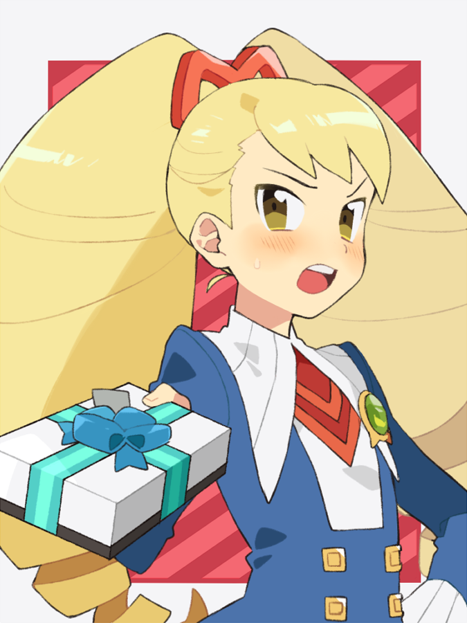 1girl big_hair blonde_hair blush box brown_eyes capcom commentary_request drill_hair gift gift_box hand_on_hip holding holding_gift long_hair open_mouth pekaso1118n rockman ryuusei_no_rockman shirogane_luna solo striped striped_background twin_drills twintails valentine