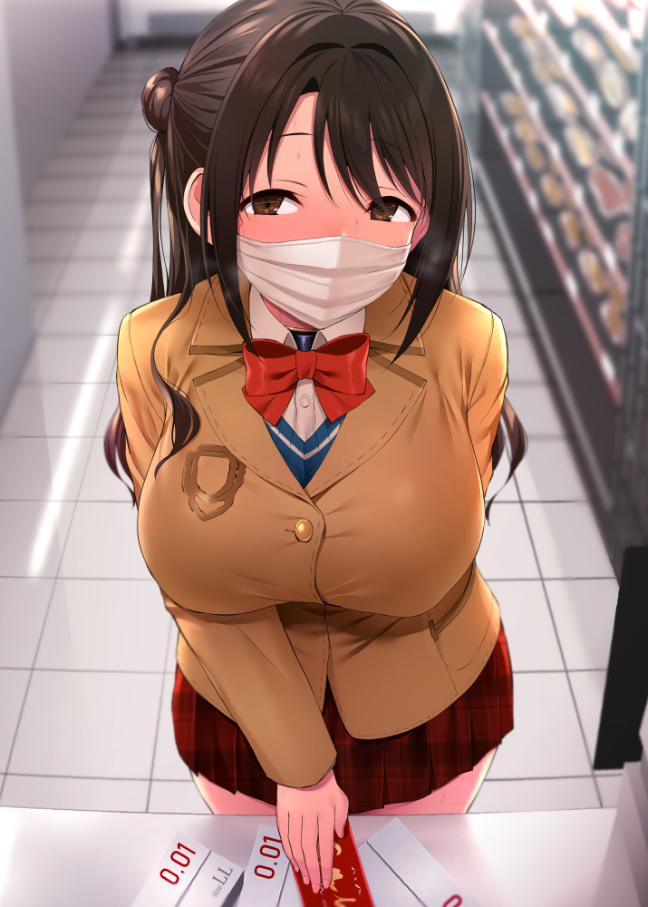 1girl blazer blush bow bowtie breasts brown_hair cash_register checkered checkered_skirt convenience_store face_mask from_above idolmaster idolmaster_cinderella_girls indoors jacket large_breasts long_hair looking_at_viewer mask pleated_skirt red_eyes red_neckwear satou_kuuki school_uniform shimamura_uzuki shop skirt solo surgical_mask