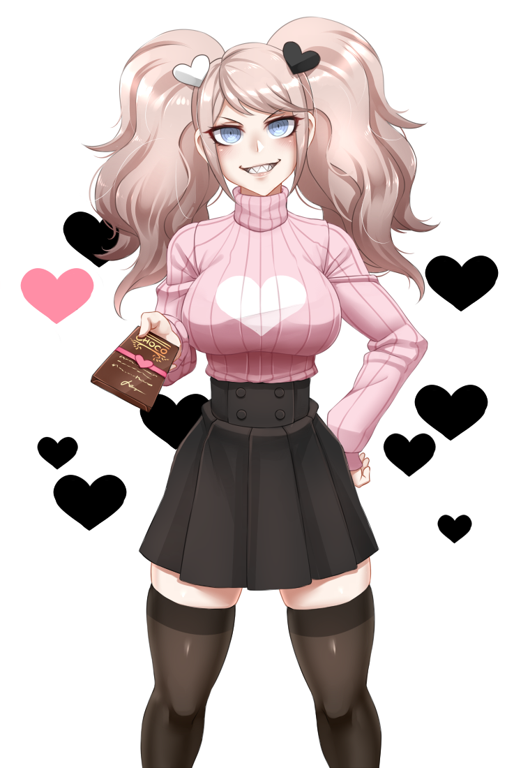 1girl black_legwear black_skirt blue_eyes breasts chocolate commentary dangan_ronpa dangan_ronpa_1 english_commentary enoshima_junko eyebrows_visible_through_hair grin hair_ornament hand_on_hip heart heart_background heart_hair_ornament impossible_clothes impossible_sweater incoming_gift large_breasts legs_apart light_brown_hair long_hair long_sleeves looking_at_viewer pink_sweater pleated_skirt ribbed_sweater ringed_eyes sharp_teeth simple_background skindentation skirt sleeves_past_wrists smile solo sweater teeth thigh-highs turtleneck turtleneck_sweater twintails twrlare v-shaped_eyebrows valentine white_background zettai_ryouiki