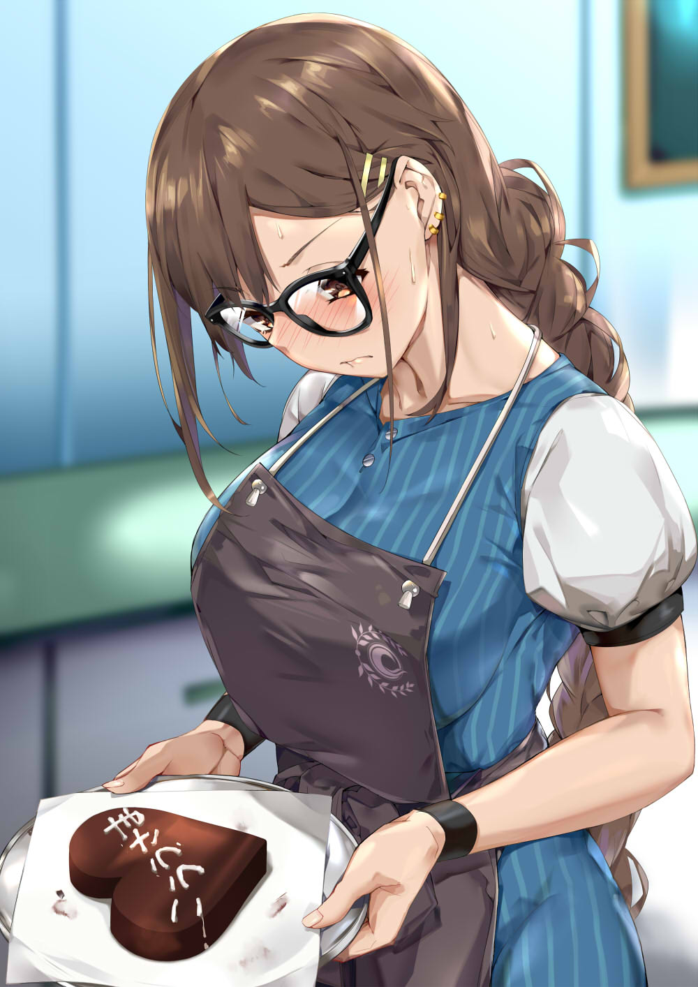 1girl apron bangs black-framed_eyewear blue_dress blush braid breasts brown_eyes brown_hair candy chocolate chocolate_heart closed_mouth consort_yu_(fate) dress ear_piercing earrings fate/grand_order fate_(series) food glasses grey_apron hair_ornament hairclip heart hidebuu highres jewelry large_breasts long_hair multiple_earrings piercing puffy_short_sleeves puffy_sleeves ribbed_dress short_sleeves solo tray very_long_hair white_apron wristband