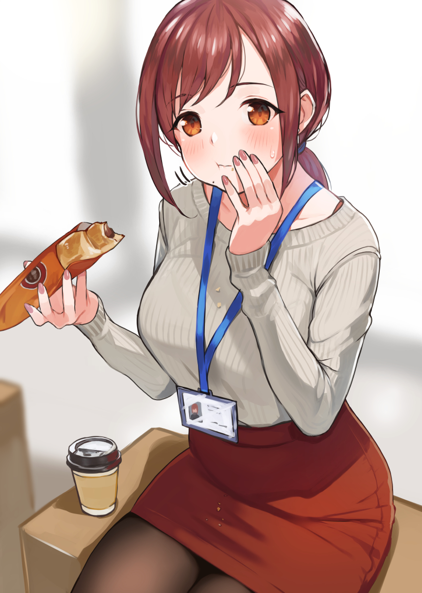 1girl bangs beige_sweater black_legwear blush box breasts brown_eyes brown_hair closed_mouth coffee coffee_cup commentary_request cup disposable_cup doushimasho eating formal highres id_card lanyard large_breasts low_tied_hair office_lady original pantyhose pencil_skirt ponytail red_skirt sidelocks sitting skirt