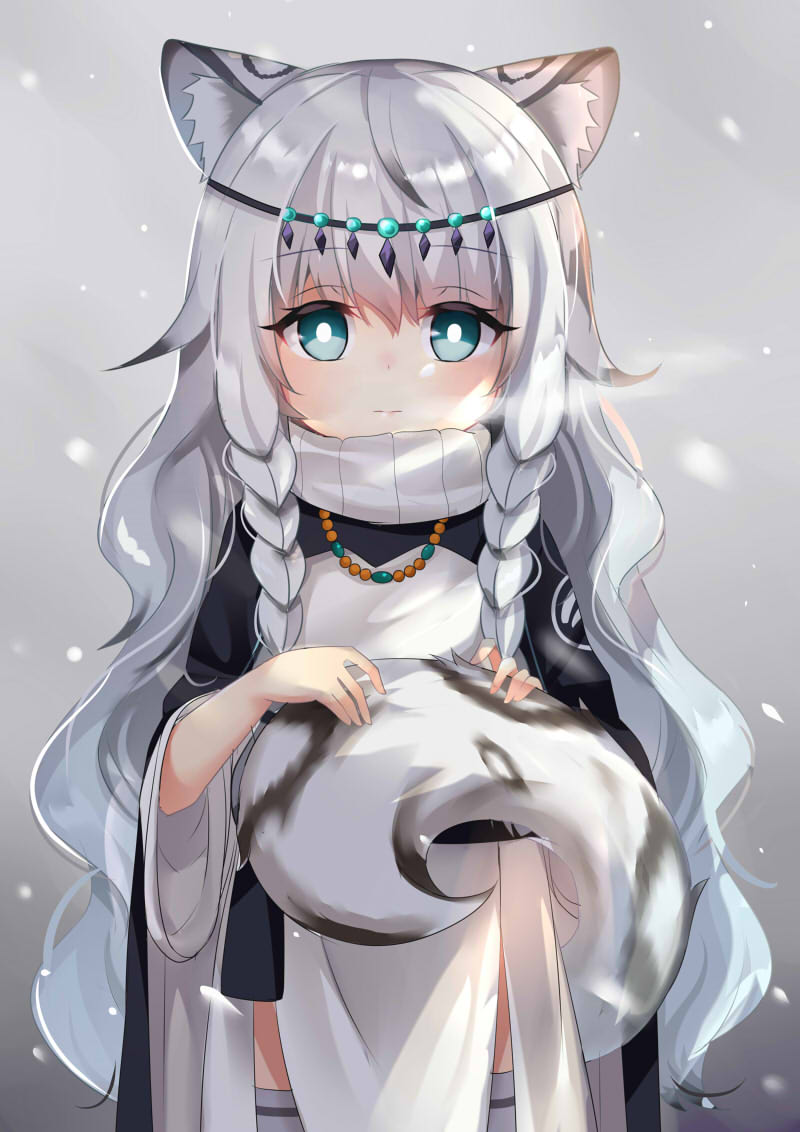 1girl agung_syaeful_anwar animal_ear_fluff animal_ears arknights bangs blush braid closed_mouth commentary dress eyebrows_visible_through_hair green_eyes leopard_ears leopard_girl leopard_tail long_hair long_sleeves looking_at_viewer pramanix_(arknights) silver_hair solo tail tail_raised turtleneck turtleneck_dress twin_braids very_long_hair white_dress wide_sleeves younger