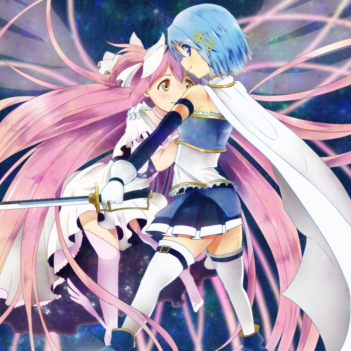 2girls absurdly_long_hair bare_shoulders belt blue_eyes blue_footwear blue_hair blue_skirt boots cape detached_sleeves dress eyebrows_visible_through_hair fighting_stance fortissimo fortissimo_hair_ornament frilled_dress frills from_behind frown gloves goddess_madoka hair_between_eyes hair_ornament hair_ribbon hairclip hand_on_another's_shoulder holding holding_sword holding_weapon kaname_madoka kirikuchi_riku legs_apart long_hair looking_at_another looking_back mahou_shoujo_madoka_magica miki_sayaka multiple_girls outstretched_arm pink_hair pink_legwear pleated_skirt profile protecting ribbon shiny shiny_hair short_hair skirt sky smile standing star_(sky) starry_sky strapless sword thigh-highs thighs transparent_wings two_side_up very_long_hair weapon white_cape white_dress white_gloves white_legwear white_ribbon wide_sleeves wings yellow_eyes