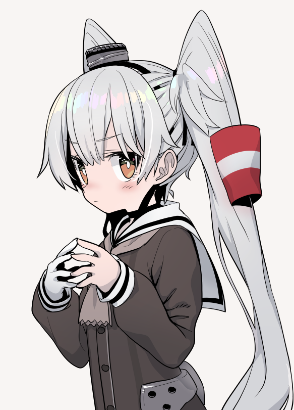 1girl alternate_hairstyle amatsukaze_(kantai_collection) blush brown_eyes fingers_together gloves grey_background hair_tubes hat kantai_collection long_hair long_sleeves looking_at_viewer monaka_ooji neckerchief sailor_collar silver_hair single_glove solo twintails upper_body white_gloves