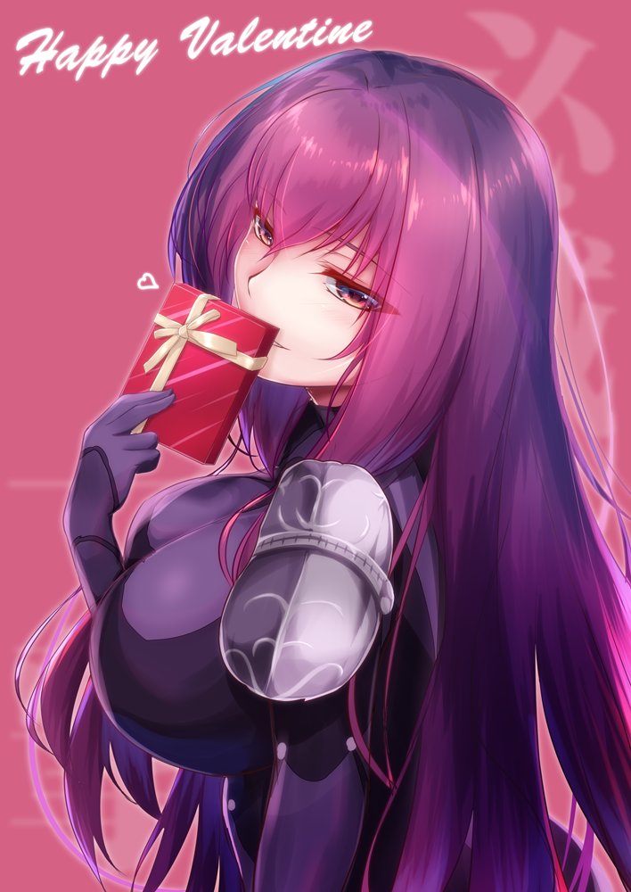 1girl bodysuit box breasts commentary_request fate/grand_order fate_(series) food gift gift_box happy_valentine heart holding holding_food large_breasts long_hair looking_at_viewer pauldrons polearm purple_bodysuit purple_hair saboten_teishoku scathach_(fate)_(all) scathach_(fate/grand_order) smile weapon