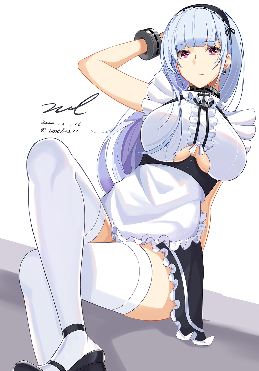 1girl apron azur_lane bare_shoulders black_footwear breasts crossed_legs dated dido_(azur_lane) dress earrings expressionless frilled_dress frills headdress highres jewelry large_breasts long_hair looking_at_viewer maid maid_apron pink_eyes shoes signature silver_hair sitting sleeveless sleeveless_dress solo thigh-highs underboob_cutout unel white_legwear wrist_cuffs zettai_ryouiki