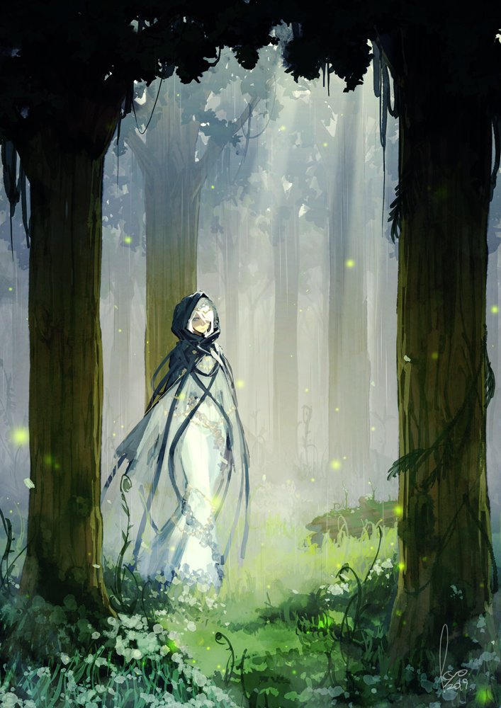 1girl blue_eyes closed_mouth dated dress forest grass hair_over_one_eye hood hood_up kyo_(kuroichigo) light_particles light_rays medium_hair nature outdoors plant see-through signature solo standing tree vines white_hair