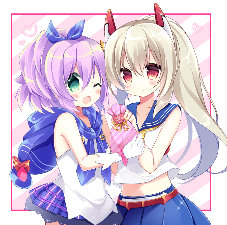 2girls :o ;d ayanami_(azur_lane) azur_lane bangs bare_arms bare_shoulders blue_ribbon blue_sailor_collar blue_skirt blush bow brown_hair camisole collarbone commentary_request diagonal-striped_background diagonal_stripes eyebrows_visible_through_hair gift_bag gloves green_eyes hair_between_eyes hair_ribbon happy_valentine headgear heart holding javelin_(azur_lane) long_hair multiple_girls one_eye_closed open_mouth parted_lips plaid plaid_skirt pleated_skirt ponytail purple_hair red_bow red_eyes ribbon sailor_collar school_uniform serafuku shikito shirt skirt sleeveless sleeveless_shirt smile striped striped_background valentine very_long_hair white_camisole white_gloves white_shirt