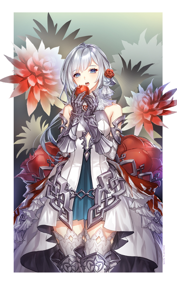 1girl apple bare_shoulders blood bloody_clothes border commentary_request dated dhkdldpa elbow_gloves eyebrows_visible_through_hair flower food fruit gauntlets gloves grey_eyes open_mouth rose showgirl_skirt sinoalice snow_white_(sinoalice) solo thigh-highs white_border white_hair