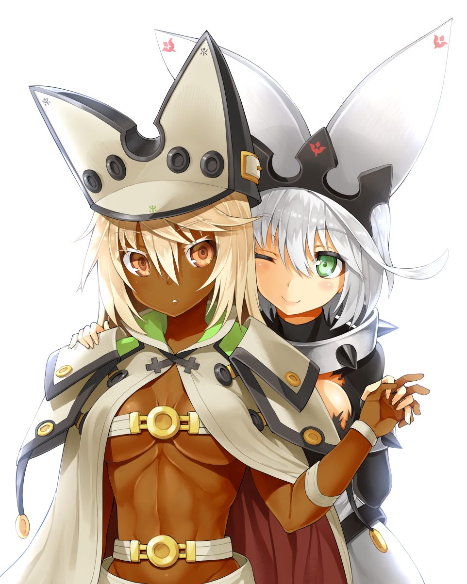 abs beltbra blonde_hair blush breasts cape closed_mouth dark_skin elphelt_valentine guilty_gear guilty_gear_xrd hat highres long_hair looking_at_viewer multiple_girls murata_taichi muscle muscular_female navel ramlethal_valentine short_hair simple_background white_background white_hair yellow_eyes