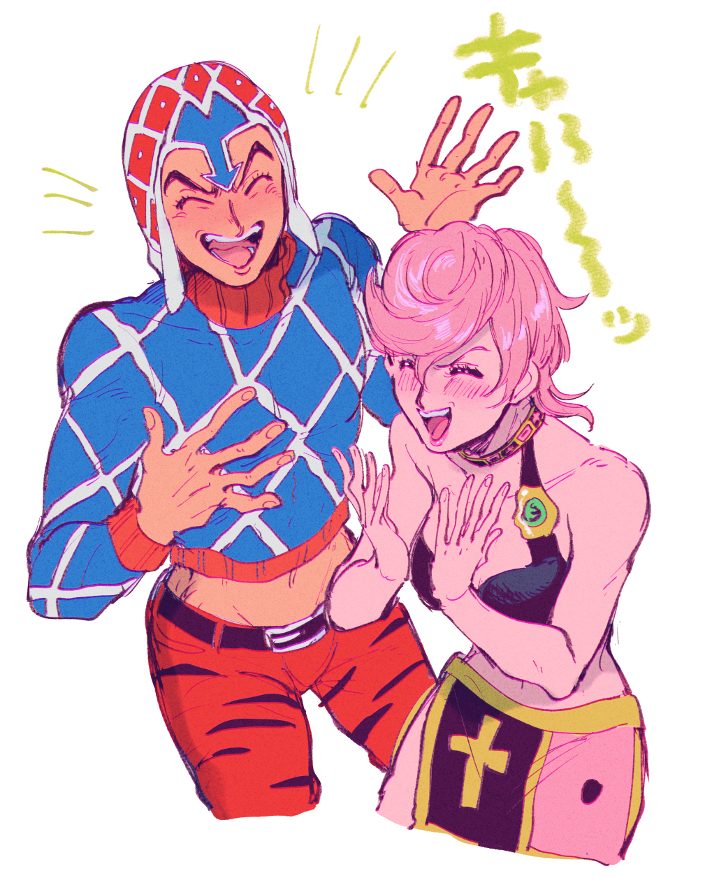 1boy 1girl blush clapping closed_eyes guido_mista highres jojo_no_kimyou_na_bouken laughing oniyama831 pink_hair short_hair trish_una vento_aureo white_background