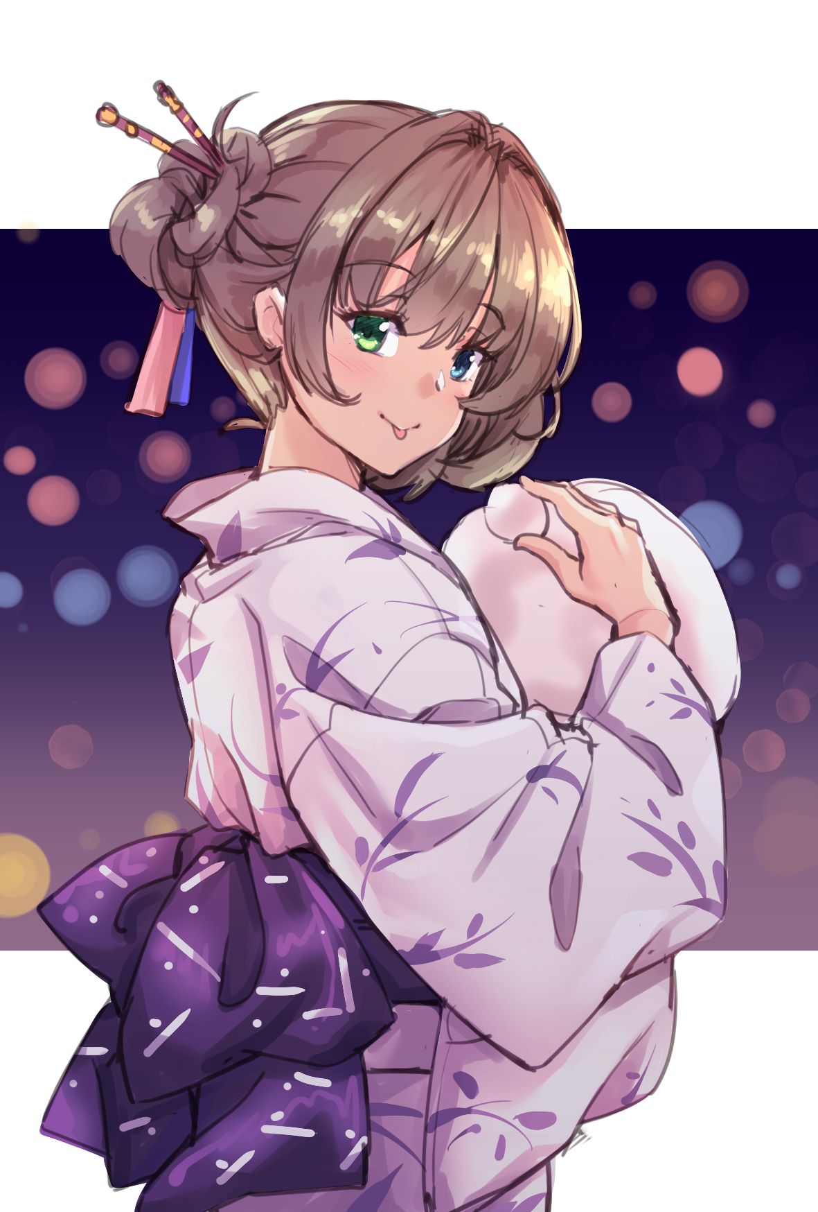 1girl :p back_bow blue_eyes bow brown_hair character_request copyright_request cotton_candy green_eyes hair_bun hair_intakes hair_ornament hair_ribbon hair_stick heterochromia highres japanese_clothes kimono looking_at_viewer print_kimono purple_bow ribbon shiny shiny_hair shirokuma_a short_hair smile solo tongue tongue_out upper_body yukata