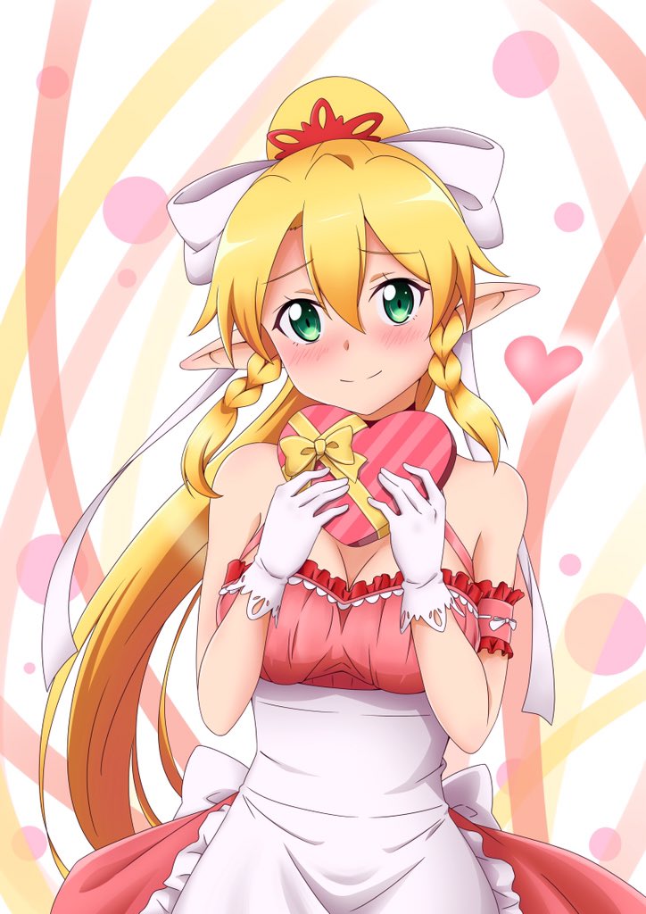 1girl apron blonde_hair blush bow box box_of_chocolates braid chocolate dress freekenji422 frilled_apron frilled_dress frills hair_bow happy_valentine heart-shaped_box holding leafa long_hair looking_at_viewer pink_dress pointy_ears ponytail ribbon smile solo sword_art_online valentine waist_apron white_apron white_bow