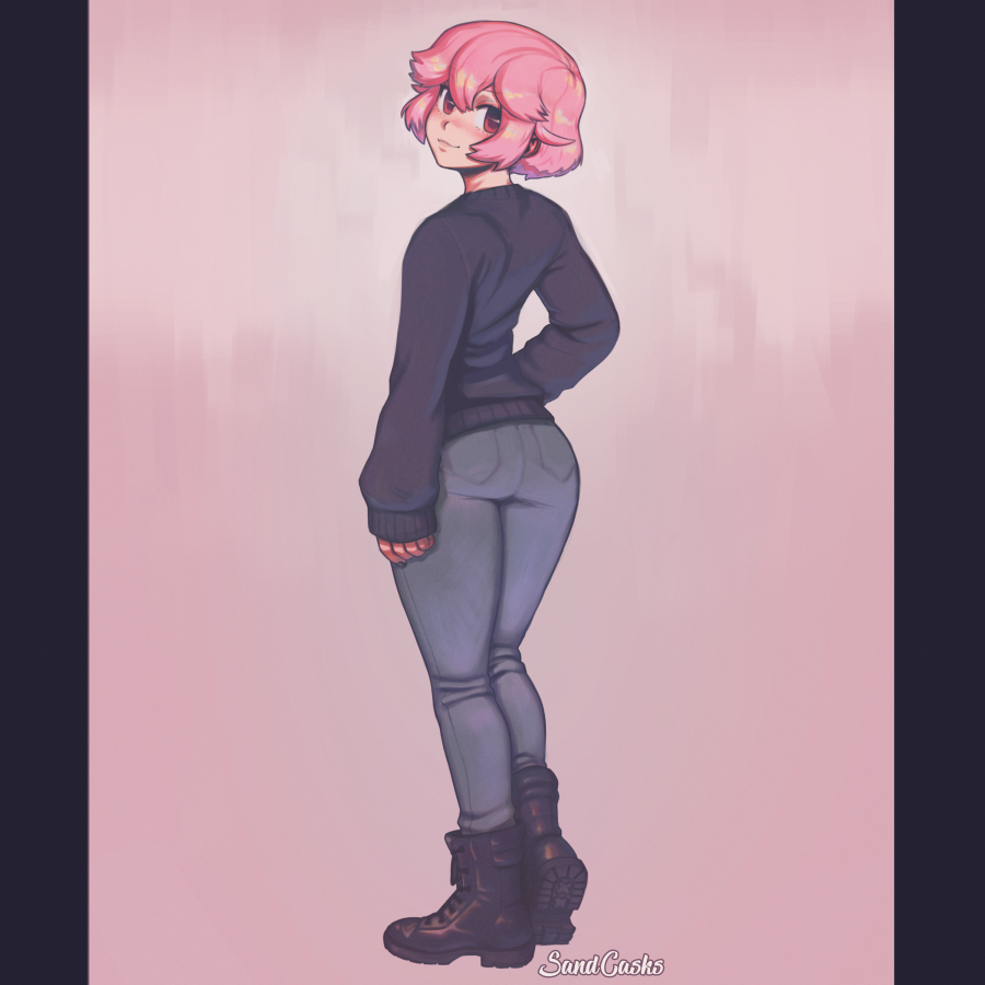 artist_name ass black_footwear black_sweater blue_pants boots denim from_behind full_body jeans long_sleeves looking_at_viewer looking_back original pants pillow_(sandcasket) pink_background pink_hair red_eyes sandcasket short_hair signature sleeves_past_wrists smile standing sweater